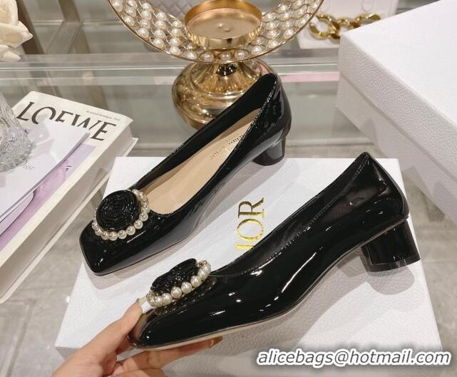 Low Price Dior Rose Low Heel Pumps 3.5cm in Patent Calfskin and Resin Pearls Black 106049