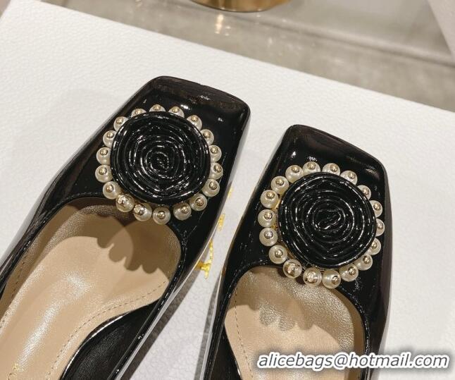 Low Price Dior Rose Low Heel Pumps 3.5cm in Patent Calfskin and Resin Pearls Black 106049