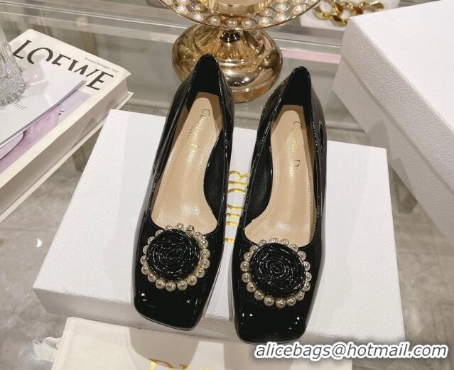 Low Price Dior Rose Low Heel Pumps 3.5cm in Patent Calfskin and Resin Pearls Black 106049