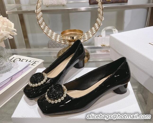 Low Price Dior Rose Low Heel Pumps 3.5cm in Patent Calfskin and Resin Pearls Black 106049