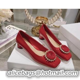 Low Cost Dior Rose Low Heel Pumps 3.5cm in Patent Calfskin and Resin Pearls Red 106050