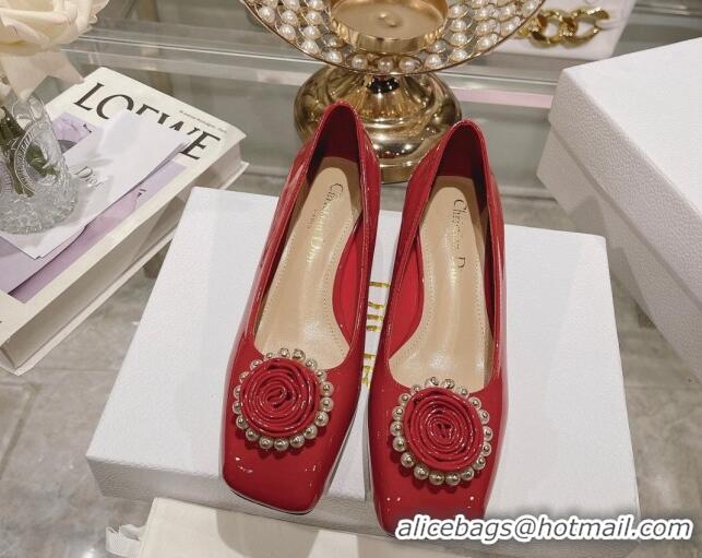 Low Cost Dior Rose Low Heel Pumps 3.5cm in Patent Calfskin and Resin Pearls Red 106050