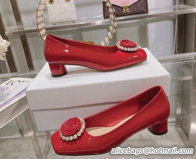 Low Cost Dior Rose Low Heel Pumps 3.5cm in Patent Calfskin and Resin Pearls Red 106050