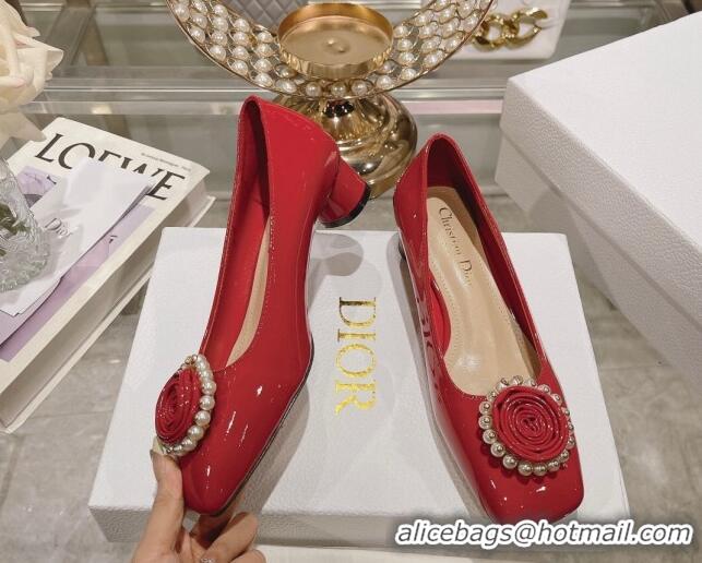 Low Cost Dior Rose Low Heel Pumps 3.5cm in Patent Calfskin and Resin Pearls Red 106050