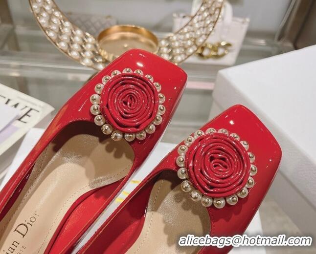 Low Cost Dior Rose Low Heel Pumps 3.5cm in Patent Calfskin and Resin Pearls Red 106050