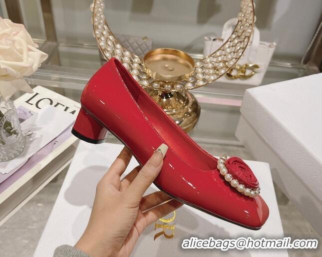 Low Cost Dior Rose Low Heel Pumps 3.5cm in Patent Calfskin and Resin Pearls Red 106050