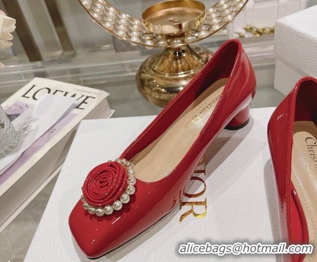 Low Cost Dior Rose Low Heel Pumps 3.5cm in Patent Calfskin and Resin Pearls Red 106050