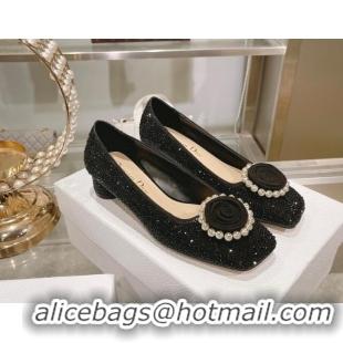 Classic Practical Dior Rose Low Heel Pumps 3.5cm in Suede with Strass and Resin Pearls Black 2106051