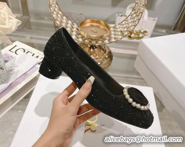 Classic Practical Dior Rose Low Heel Pumps 3.5cm in Suede with Strass and Resin Pearls Black 2106051