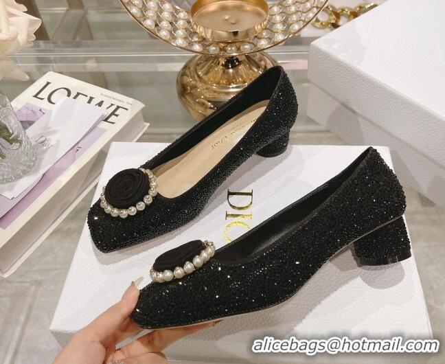 Classic Practical Dior Rose Low Heel Pumps 3.5cm in Suede with Strass and Resin Pearls Black 2106051