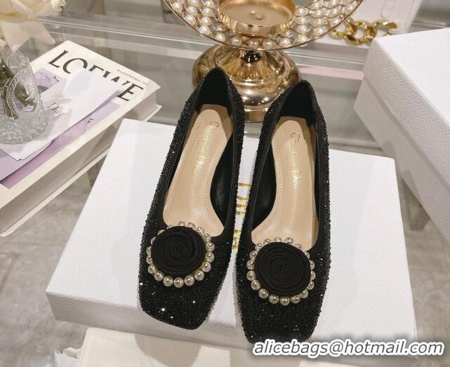 Classic Practical Dior Rose Low Heel Pumps 3.5cm in Suede with Strass and Resin Pearls Black 2106051