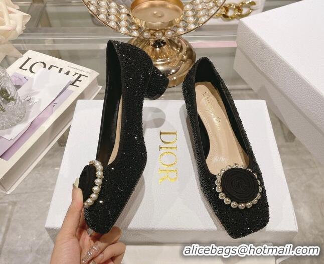 Classic Practical Dior Rose Low Heel Pumps 3.5cm in Suede with Strass and Resin Pearls Black 2106051