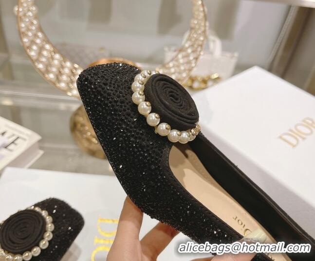 Classic Practical Dior Rose Low Heel Pumps 3.5cm in Suede with Strass and Resin Pearls Black 2106051