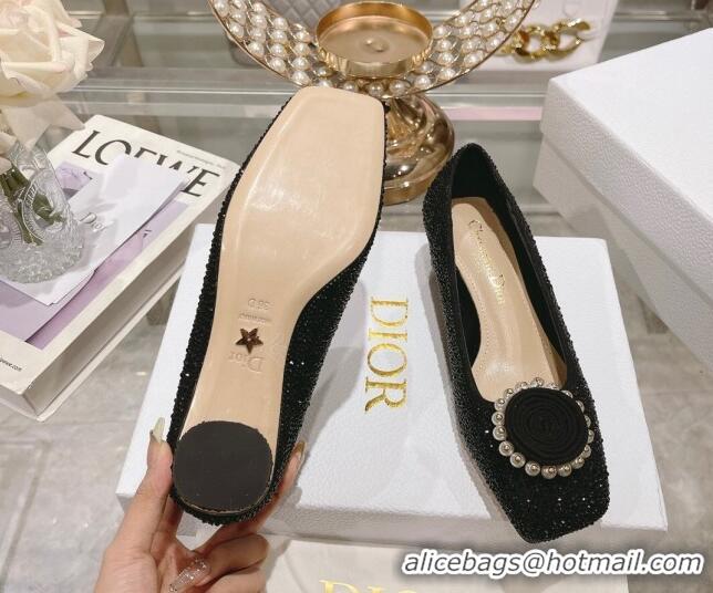 Classic Practical Dior Rose Low Heel Pumps 3.5cm in Suede with Strass and Resin Pearls Black 2106051