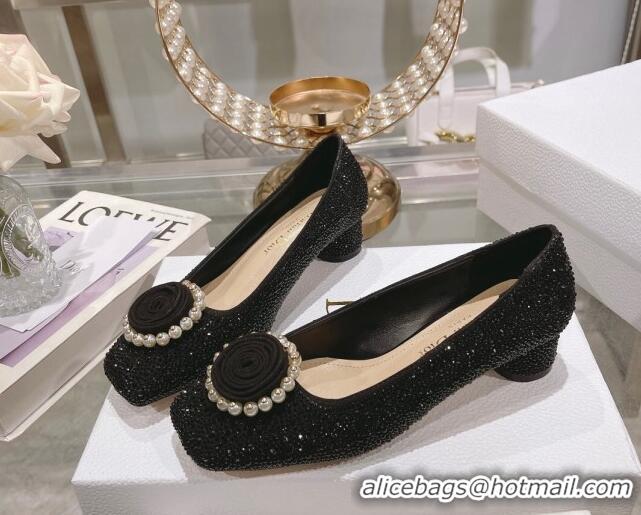 Classic Practical Dior Rose Low Heel Pumps 3.5cm in Suede with Strass and Resin Pearls Black 2106051