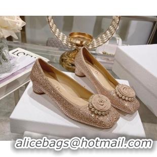 Most Popular Dior Rose Low Heel Pumps 3.5cm in Suede with Strass and Resin Pearls Apricot 2106052