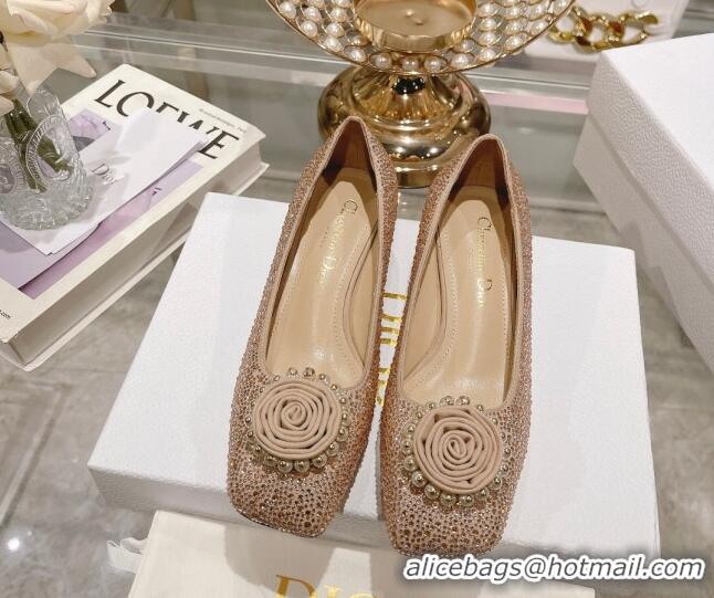 Most Popular Dior Rose Low Heel Pumps 3.5cm in Suede with Strass and Resin Pearls Apricot 2106052