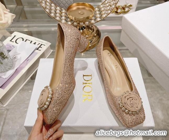 Most Popular Dior Rose Low Heel Pumps 3.5cm in Suede with Strass and Resin Pearls Apricot 2106052