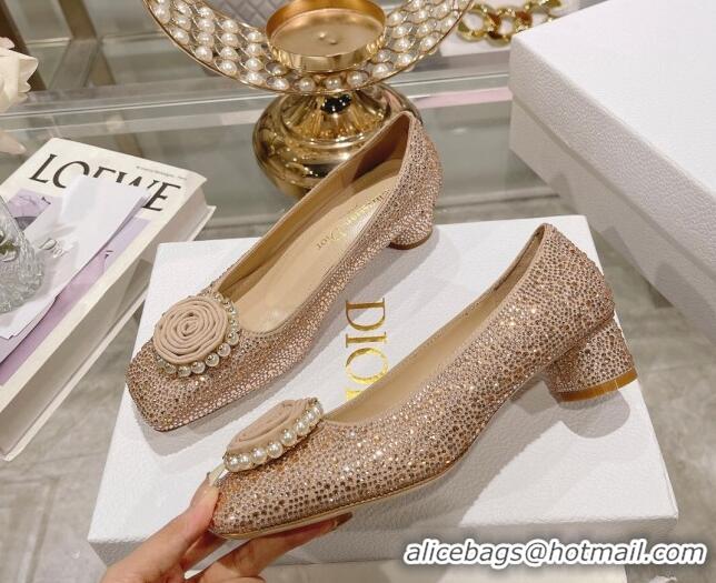 Most Popular Dior Rose Low Heel Pumps 3.5cm in Suede with Strass and Resin Pearls Apricot 2106052