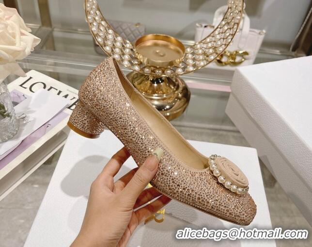 Most Popular Dior Rose Low Heel Pumps 3.5cm in Suede with Strass and Resin Pearls Apricot 2106052