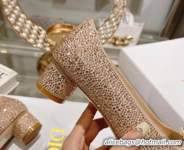 Most Popular Dior Rose Low Heel Pumps 3.5cm in Suede with Strass and Resin Pearls Apricot 2106052