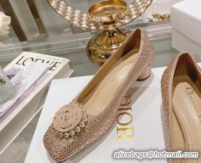 Most Popular Dior Rose Low Heel Pumps 3.5cm in Suede with Strass and Resin Pearls Apricot 2106052