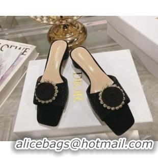 Super Quality Dior Rose Heel Slide Sandals 3.5cm in Suede with Strass and Resin Pearls Black 2106053