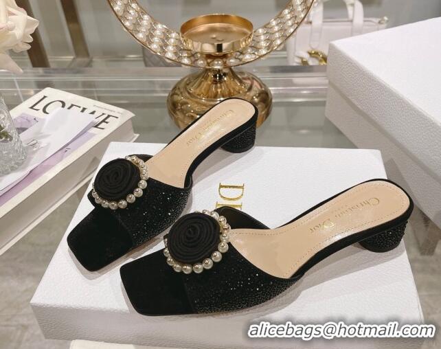 Super Quality Dior Rose Heel Slide Sandals 3.5cm in Suede with Strass and Resin Pearls Black 2106053