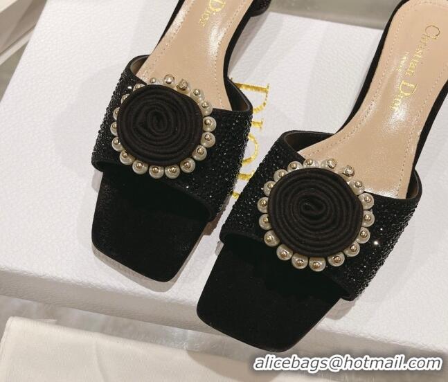 Super Quality Dior Rose Heel Slide Sandals 3.5cm in Suede with Strass and Resin Pearls Black 2106053