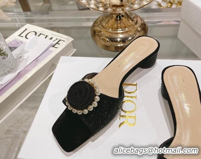 Super Quality Dior Rose Heel Slide Sandals 3.5cm in Suede with Strass and Resin Pearls Black 2106053