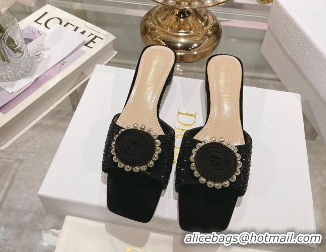 Super Quality Dior Rose Heel Slide Sandals 3.5cm in Suede with Strass and Resin Pearls Black 2106053