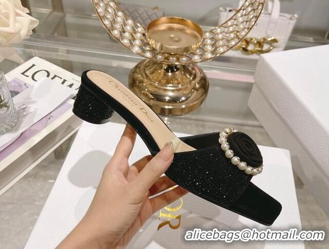 Super Quality Dior Rose Heel Slide Sandals 3.5cm in Suede with Strass and Resin Pearls Black 2106053