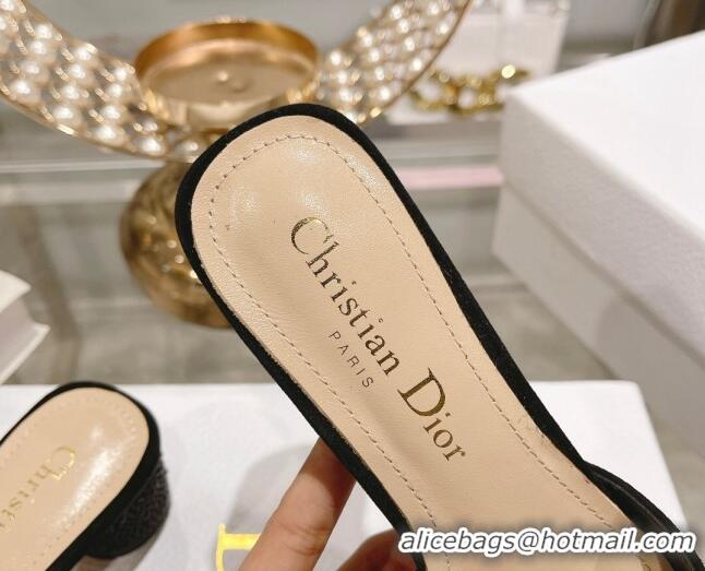 Super Quality Dior Rose Heel Slide Sandals 3.5cm in Suede with Strass and Resin Pearls Black 2106053