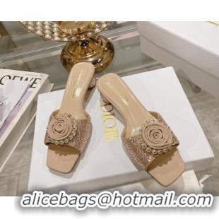 Best Price Dior Rose Heel Slide Sandals 3.5cm in Suede with Strass and Resin Pearls Apricot 2106054