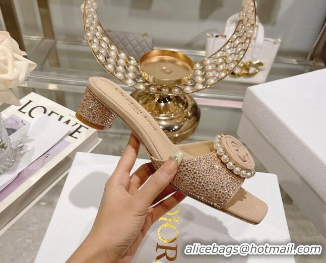 Best Price Dior Rose Heel Slide Sandals 3.5cm in Suede with Strass and Resin Pearls Apricot 2106054