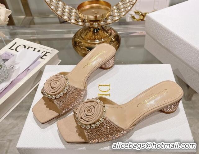 Best Price Dior Rose Heel Slide Sandals 3.5cm in Suede with Strass and Resin Pearls Apricot 2106054