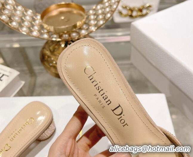 Best Price Dior Rose Heel Slide Sandals 3.5cm in Suede with Strass and Resin Pearls Apricot 2106054