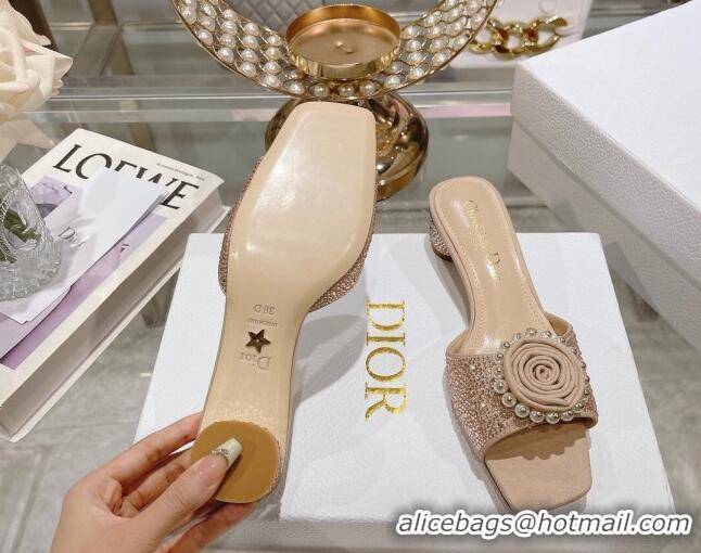 Best Price Dior Rose Heel Slide Sandals 3.5cm in Suede with Strass and Resin Pearls Apricot 2106054