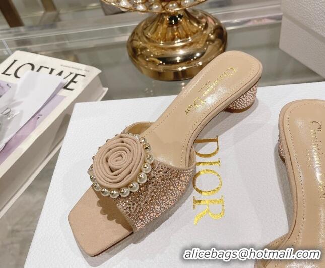 Best Price Dior Rose Heel Slide Sandals 3.5cm in Suede with Strass and Resin Pearls Apricot 2106054