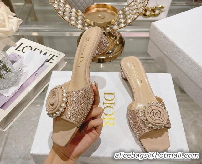 Best Price Dior Rose Heel Slide Sandals 3.5cm in Suede with Strass and Resin Pearls Apricot 2106054