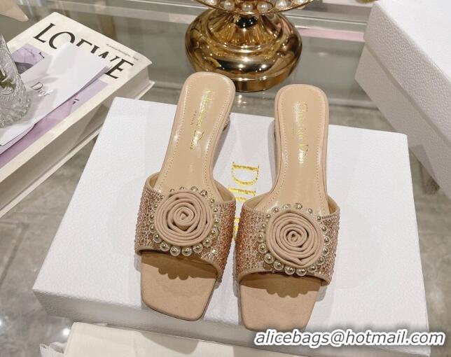 Best Price Dior Rose Heel Slide Sandals 3.5cm in Suede with Strass and Resin Pearls Apricot 2106054