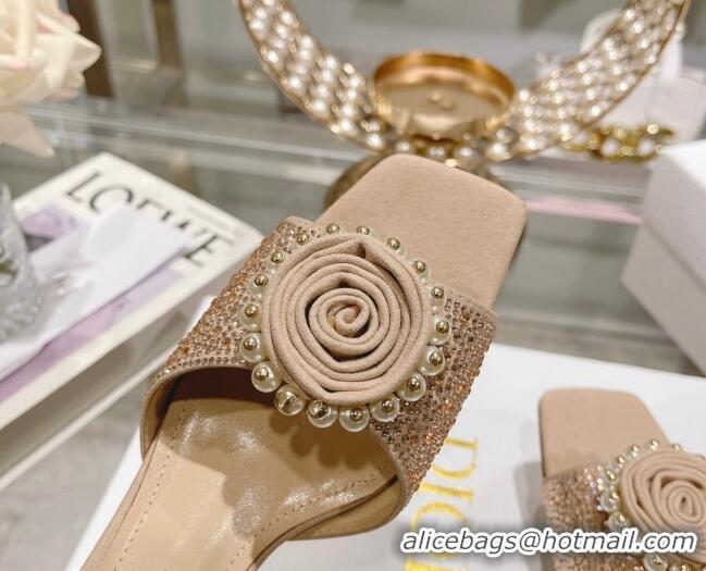 Best Price Dior Rose Heel Slide Sandals 3.5cm in Suede with Strass and Resin Pearls Apricot 2106054