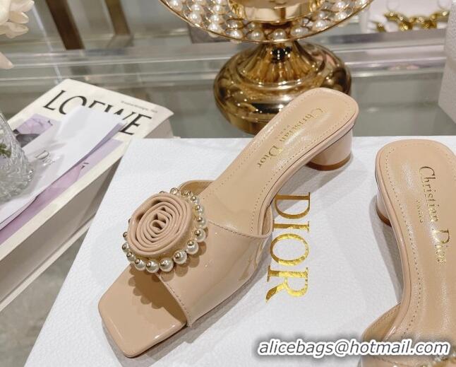 Best Price Dior Rose Heel Slide Sandals 3.5cm in Patent Calfskin and White Resin Pearls Nude 2106055