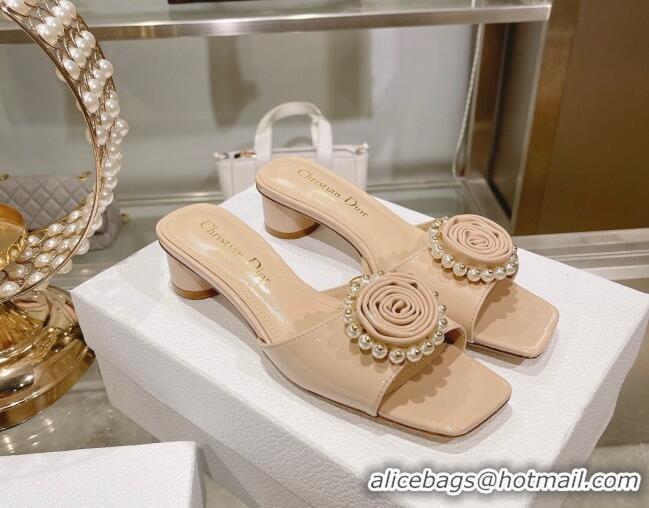 Best Price Dior Rose Heel Slide Sandals 3.5cm in Patent Calfskin and White Resin Pearls Nude 2106055