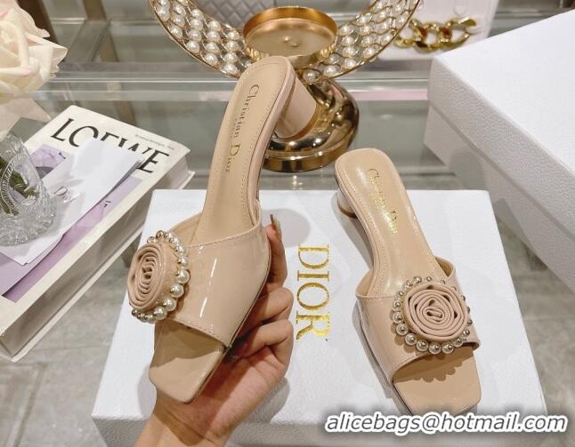 Best Price Dior Rose Heel Slide Sandals 3.5cm in Patent Calfskin and White Resin Pearls Nude 2106055