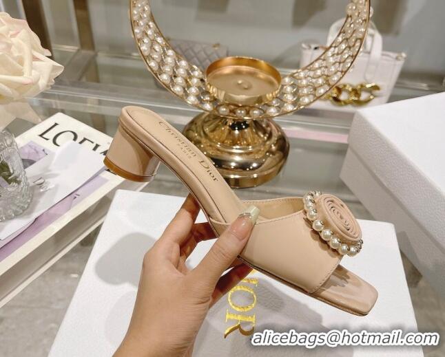 Best Price Dior Rose Heel Slide Sandals 3.5cm in Patent Calfskin and White Resin Pearls Nude 2106055