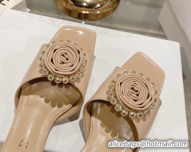 Best Price Dior Rose Heel Slide Sandals 3.5cm in Patent Calfskin and White Resin Pearls Nude 2106055