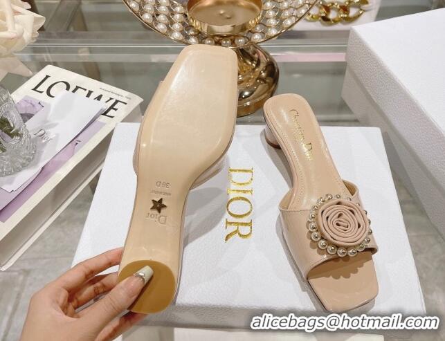 Best Price Dior Rose Heel Slide Sandals 3.5cm in Patent Calfskin and White Resin Pearls Nude 2106055