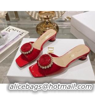 Good Product Dior Rose Heel Slide Sandals 3.5cm in Patent Calfskin and White Resin Pearls Red 2106056