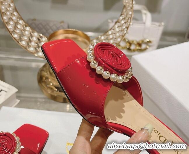 Good Product Dior Rose Heel Slide Sandals 3.5cm in Patent Calfskin and White Resin Pearls Red 2106056